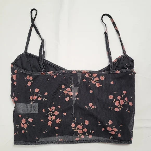 Garage Black Floral Cropped Cami Top with Pink Blossoms - Picture 3 of 4